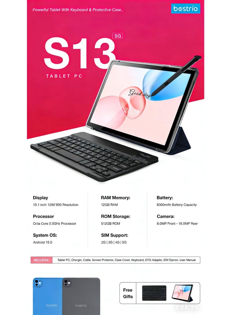 Bestrio Tab S13 5G 10.1-Inch Display Tablet With 12 GB RAM 512 GB ROM And 8000 mAh Battery - Gray - Image 2